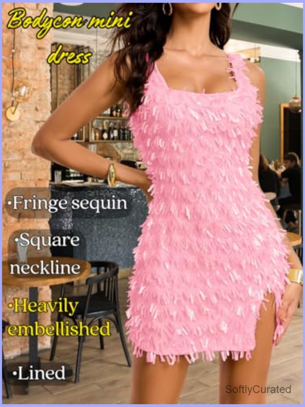 Sequin Fringe Mini Dress, Square Neck Bodycon Tassel Cocktail Dress with Slit - Picture 3 of 7